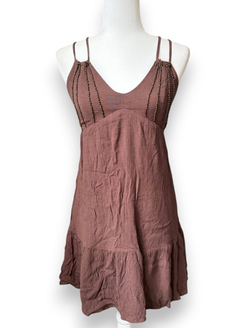Y2K Brown Beaded Mini Dress Small gauze fabric and a tiered hem